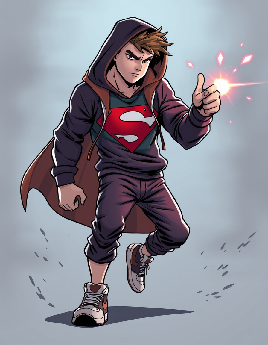 Superhero idea created from the prompt: original superhero character design, dynamic pose, bold costume, dramatic lighting, comic art energy, verschlafener Typ, ziemlich klein – Ho