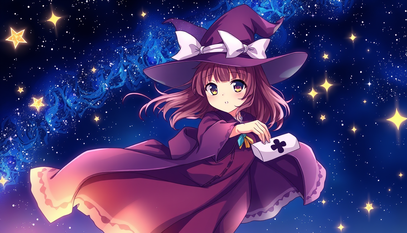 Anime idea: anime style, vibrant colors, expressive eyes, witch flying through a starry night sky, flowing robes, magical sparks , detailed anime illustration