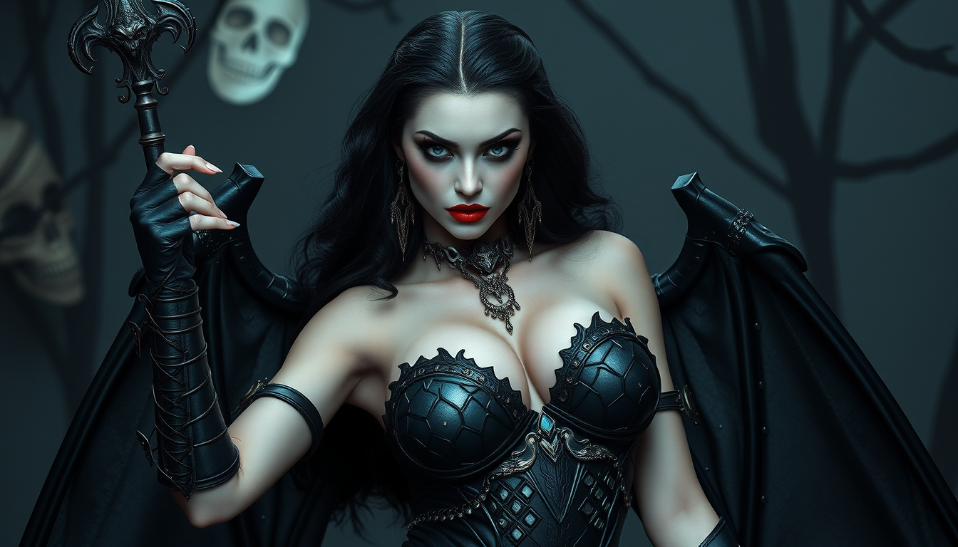 Main art studio: mulher vampira com armadura de vampiro e um cenário gótico e sexy corpo inteiro e realista semelhante a uma foto