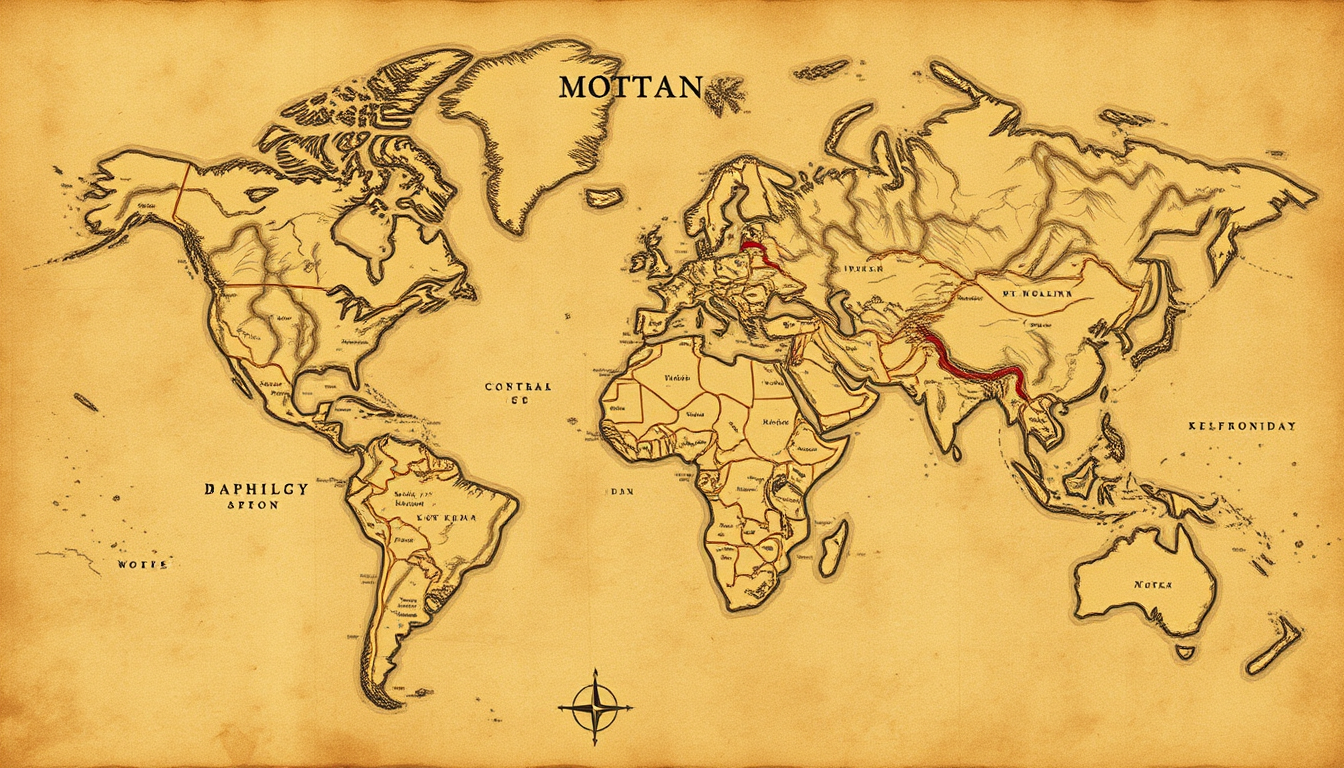 Fantasy Maps idea: fantasy world map, hand-drawn cartography, aged parchment, mountains forests and coastlines, 1800年代後半の日本にあるとする地域。で西北に旧八ヶ岳、中央に人里が点在している。そして西端には大河が流れていて