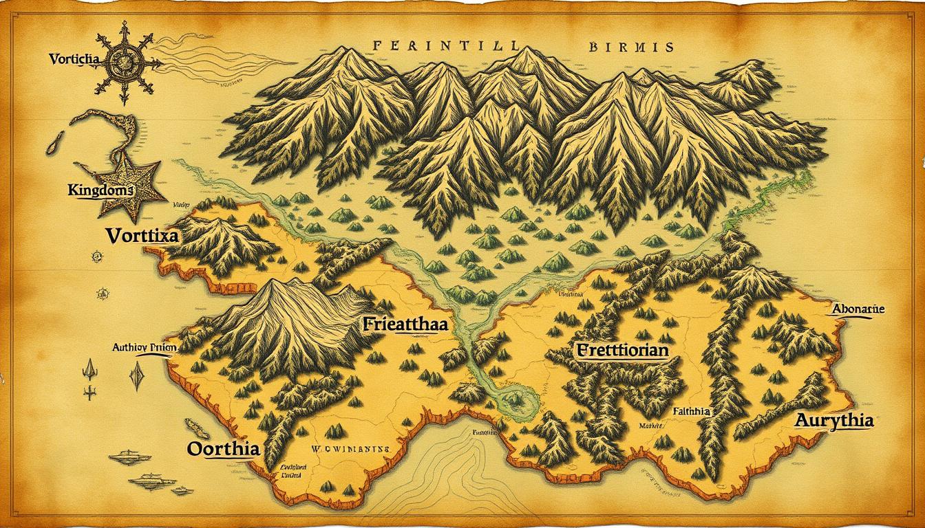 Fantasy Maps idea: fantasy world map, hand-drawn cartography, aged parchment, mountains forests and coastlines, Large continent with many rivers and lakes, big mountains