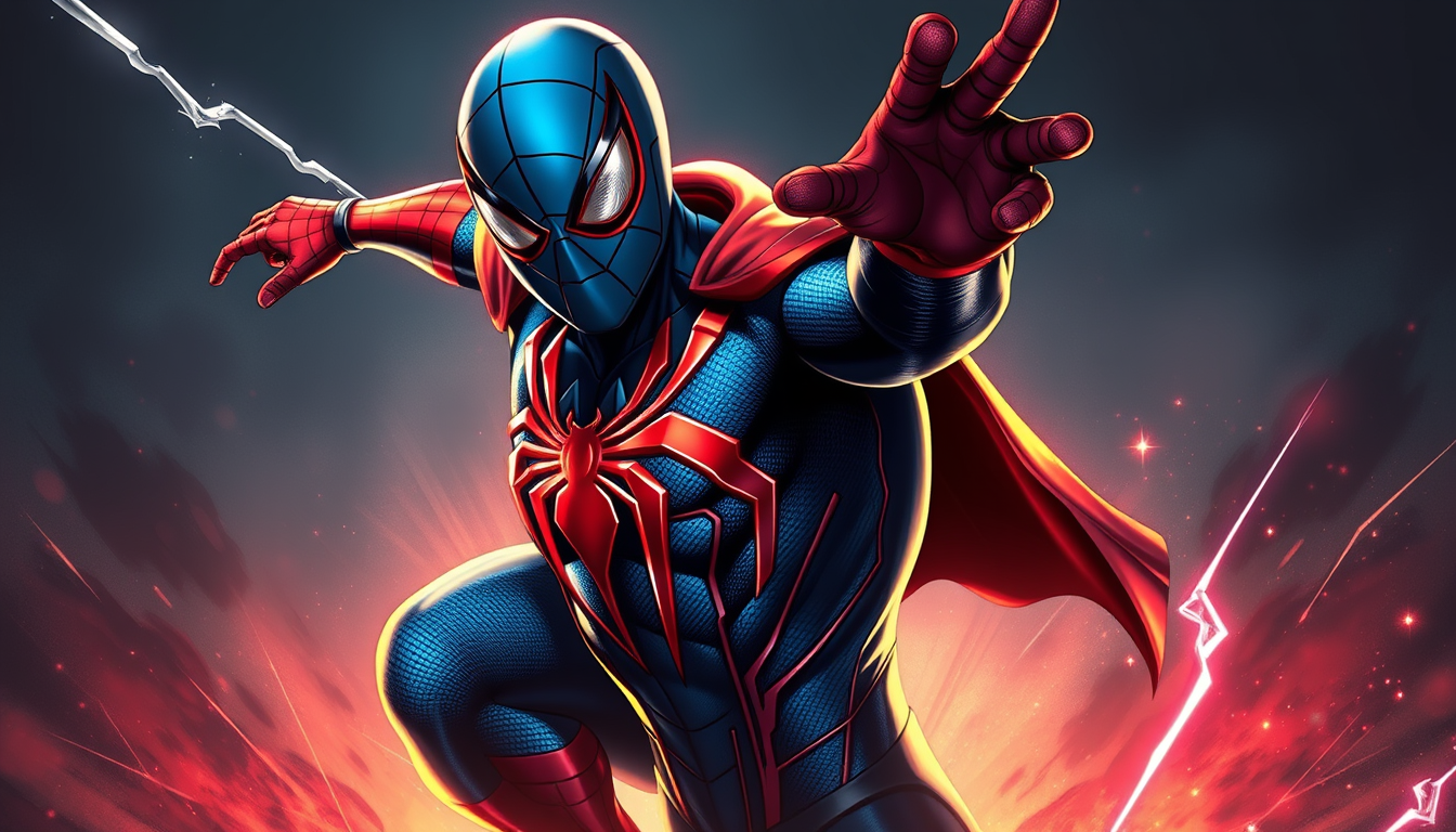 Superhero idea created from the prompt: original superhero character design, dynamic pose, bold costume, dramatic lighting, comic art energy, Spiderman, bleu avec du doré, un peu d