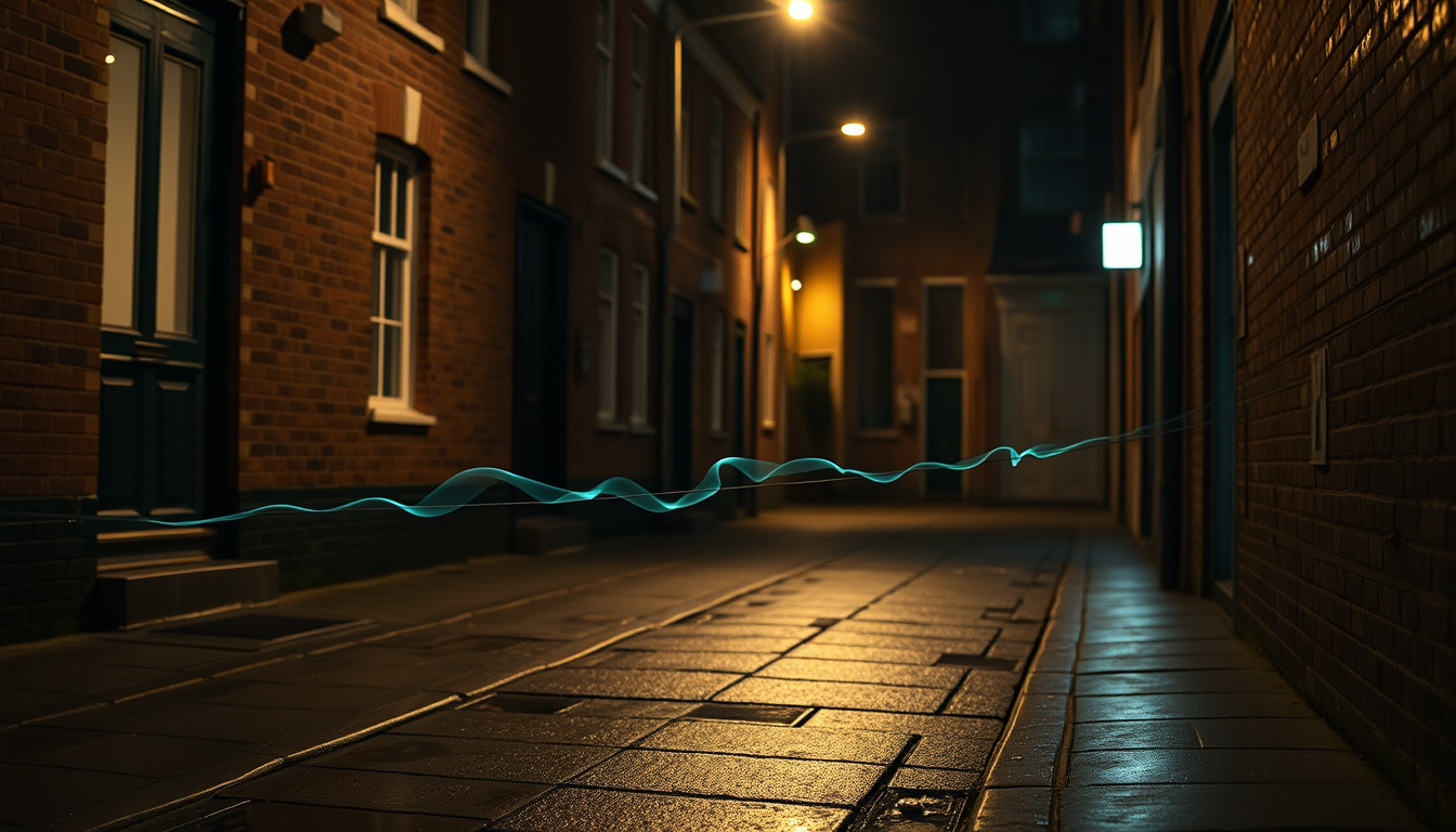 Main art studio: Photorealistic ordinary-camera photograph of a single long wire lying across a dark narrow European alleyway at night. The wire emits faint wispy gree