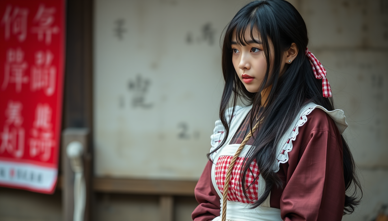 Main art studio: Korean black long hair girl wear maid clothes and she is tied by rope and she's neck is dog rope