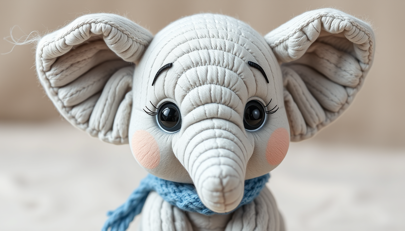Main art studio: Ellie — a cute baby elephant with light-gray wrinkled skin, oversized floppy ears, big friendly round eyes with long lashes, a short curled trunk, and