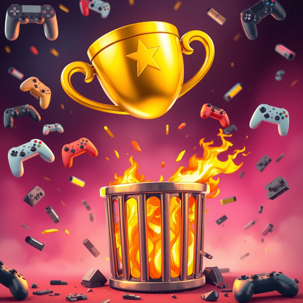 Main art studio: A funny 3D-rendered illustration of a shiny golden competitive gaming trophy literally being thrown into a burning trash can, chaotic background with