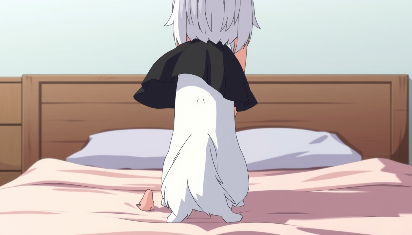 Main art studio: A anime woman with white hair, black clothing / skirt standing in a dog stance position on all four, she is sitting on a bed with a rier view from beh