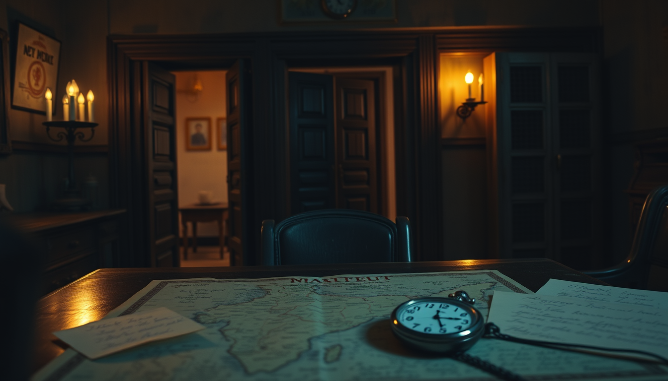 Main art studio: Cinematic realistic night scene in colonial India in 1940, an old Indian mansion with wooden doors, dim oil lamps, mysterious shadows, antique Indian