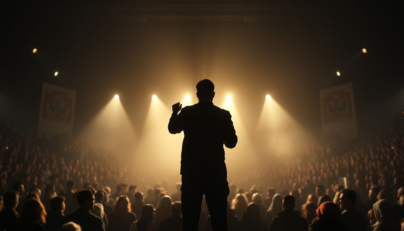 Main art studio: A silhouette standing before a large crowd under dramatic lighting, speaking while the audience watches, symbolic representation of public claims with