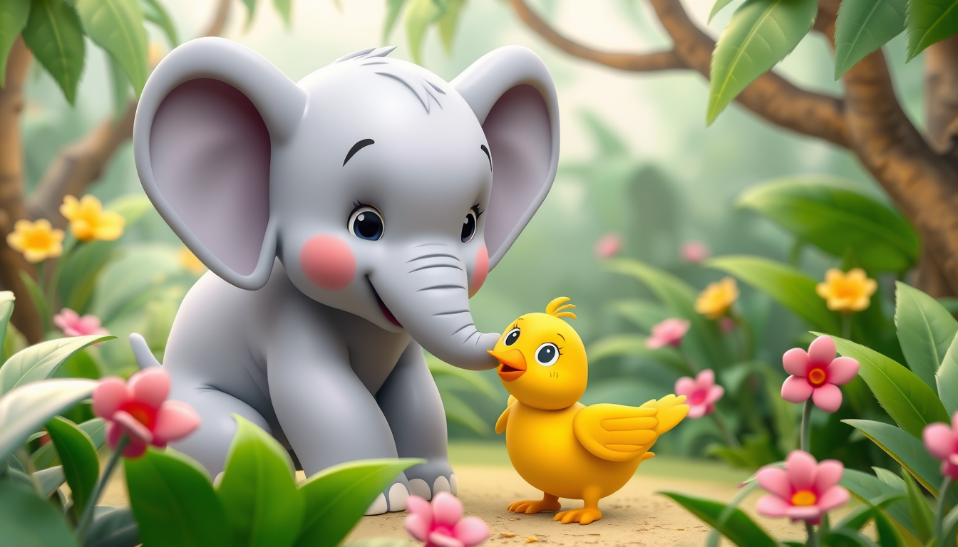 AI Art prompt example created from the prompt: A cute baby elephant named Toto playing with a little yellow bird in a magical green jungle, colorful 3D children's storybook illustration, 