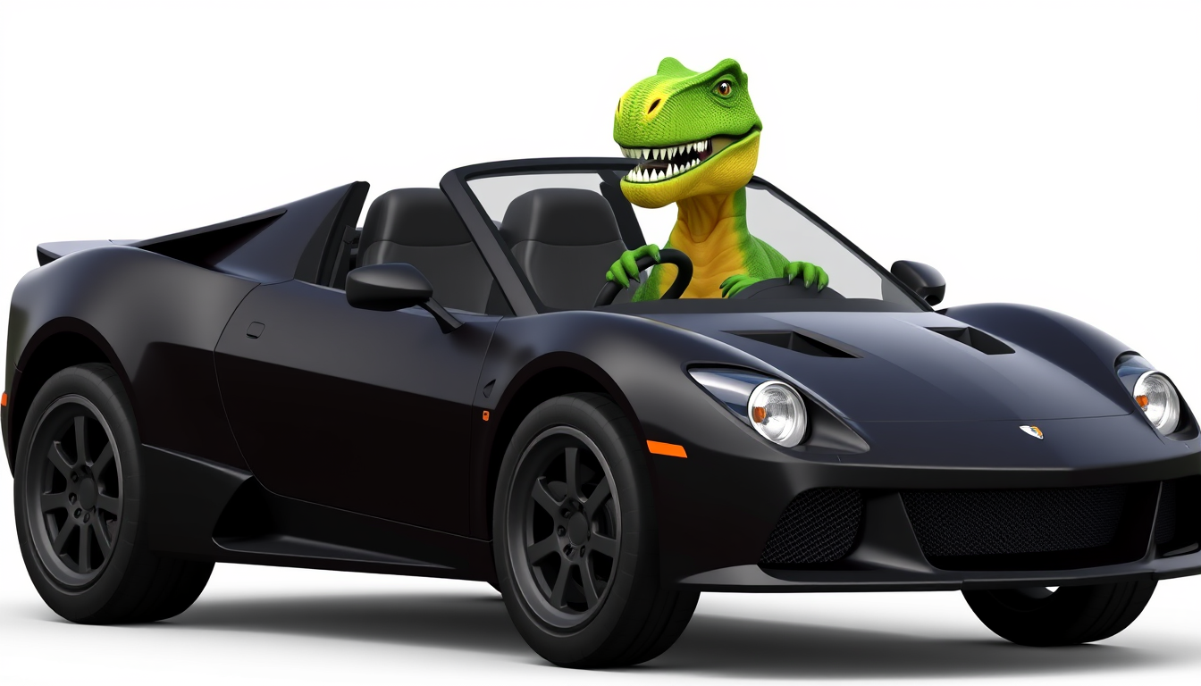 Main art studio: A dinosaur driving a black sports car, dinosaur sitting in the driver's seat, four wheels, car and dinosaur clearly visible, no other characters, no m