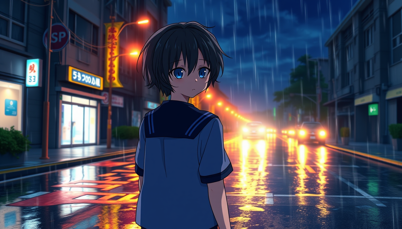 Anime idea: anime style, vibrant colors, expressive eyes, Anime boy with black hair, school uniform, walking alone on a rainy street at night, wet pavement reflec