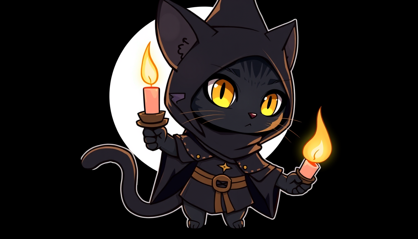 AI Art prompt example created from the prompt: chibi black cat mage holding a candle, fantasy, clean lineart without costume
