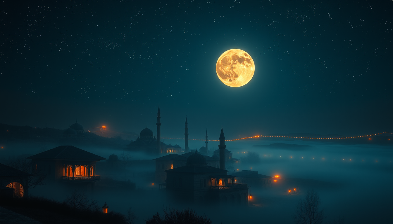 Main art studio: A peaceful Islamic village at midnight, countless stars shining in the dark sky, glowing full moon illuminating ancient houses, soft mist floating abo