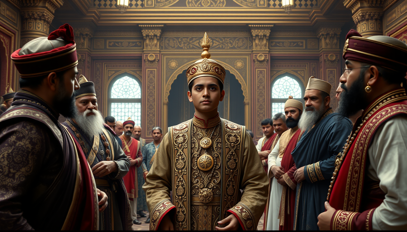 Main art studio: Scene 3 — Akbar Becomes Emperor Young Prompt: A young Mughal prince being presented as emperor in a grand royal court during the 16th century, elderly