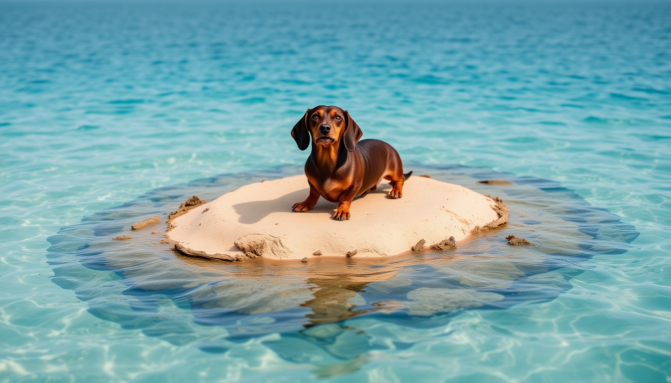 Main art studio: an adorable dachshund on a small island surrounded by sea with golden sands