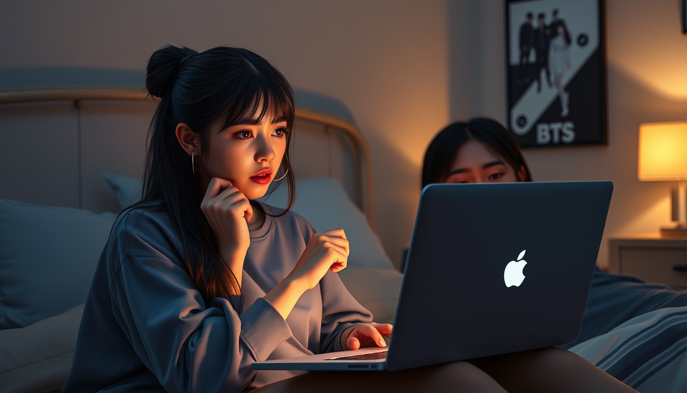 Main art studio: Semi-realistic cinematic digital painting of a young woman sitting in her bedroom with her laptop resting on her lap, while her friend sits beside her