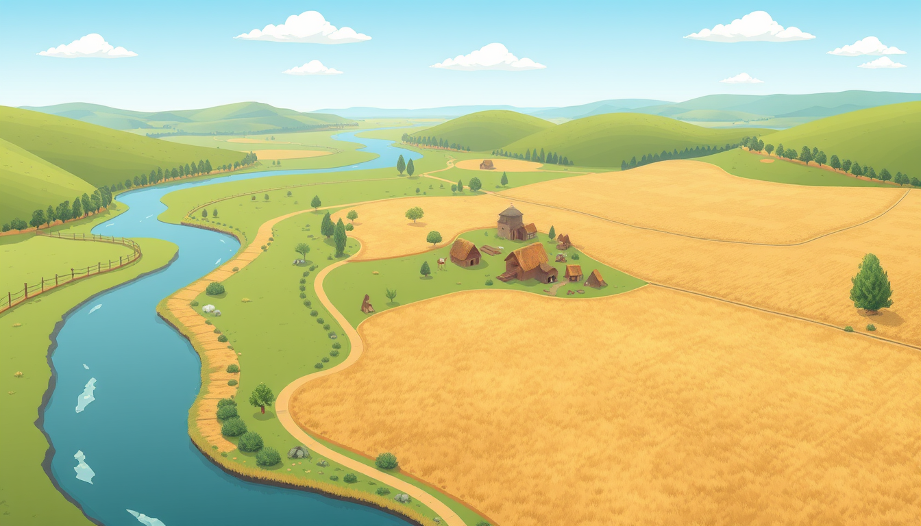 AI Art prompt example created from the prompt: Child-friendly flat illustration of a Stone Age landscape in bird’s-eye view, landscape format. A river winds from the top left to the botto