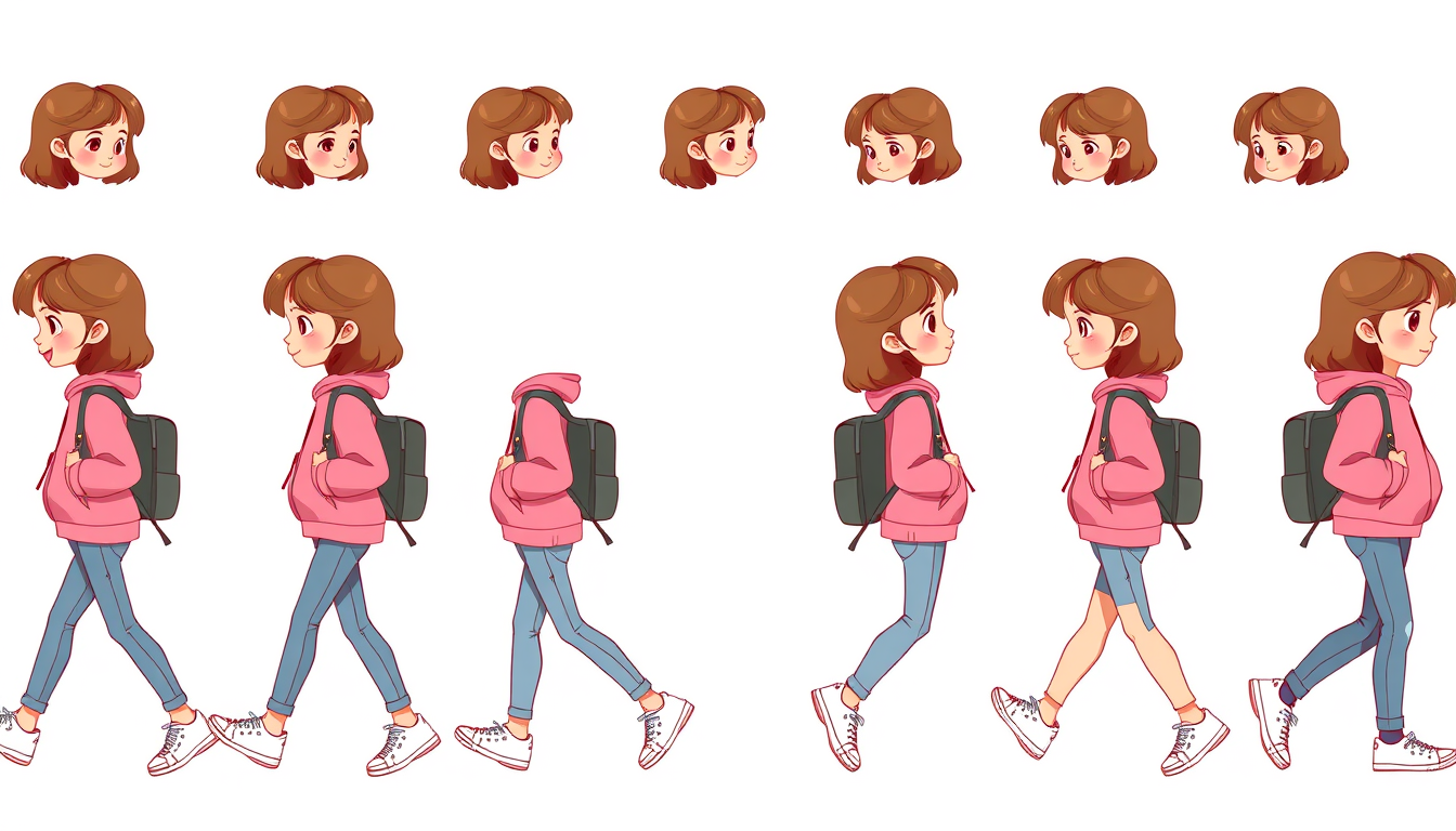 AI Art prompt example created from the prompt: Create a 12-frame 2D cartoon girl walking cycle, side view, full body. A cute girl with brown shoulder-length hair, pink hoodie, blue jeans,