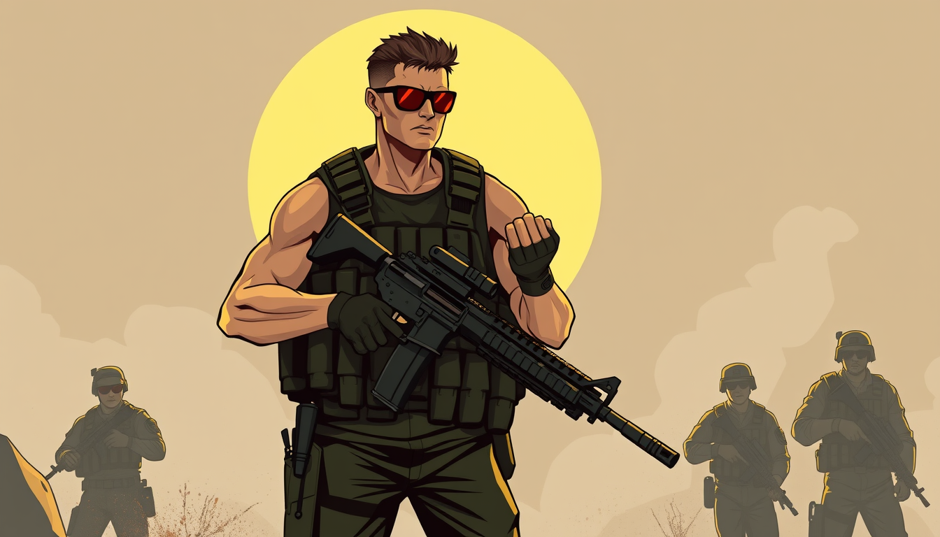 Characters idea: an original character defined by silhouette, role, outfit, palette, and expression, deliberate composition, a fit muscular soldier with a machine gun