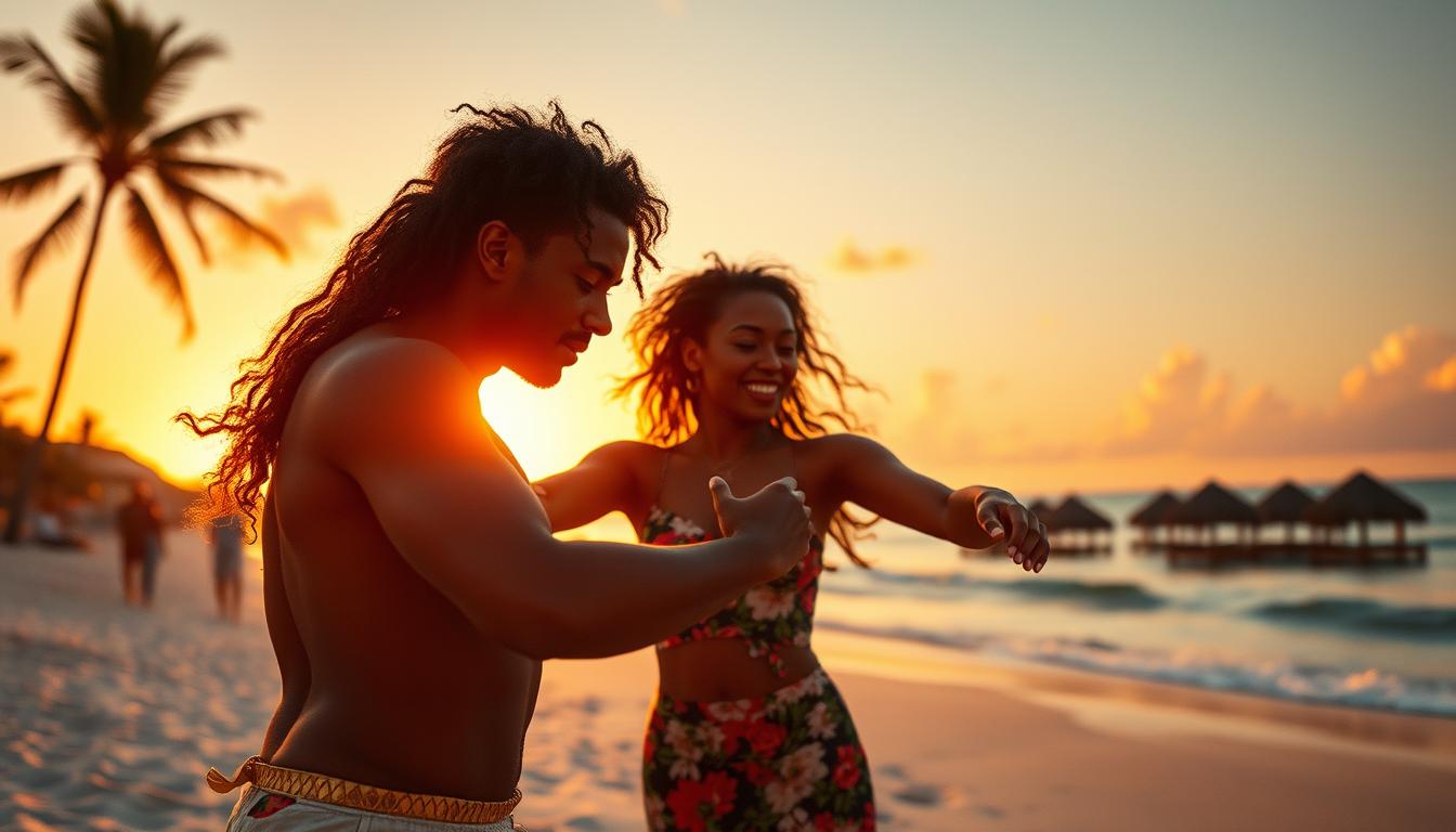 Realistic Images idea: photorealistic generated image, natural materials and skin texture, physically plausible lighting, Warm sunrise in Caribbean Sandy Beach music playing