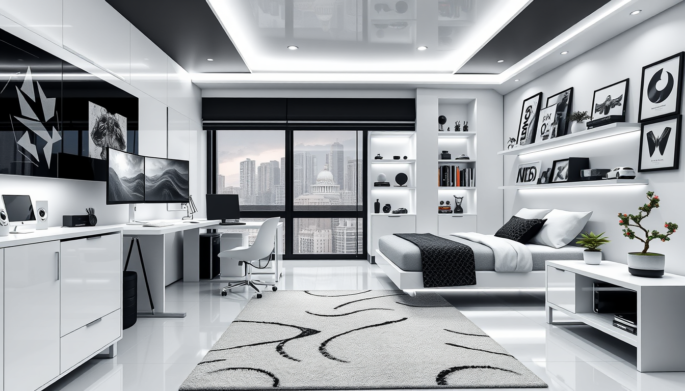 Main art studio: Photorealistic 10×10 ft black-and-white futuristic gaming bedroom. Maximize space with a compact white standing desk, 40-inch curved monitor plus vert