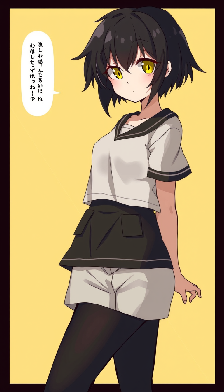 Main art studio: 1 girl, black hair, short messy hair, yellow eyes, black pantyhose, shortstack