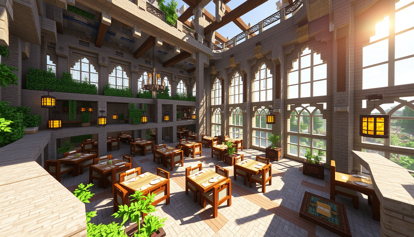 Main art studio: Crie uma imagem de um restaurante gigante no Minecraft original, sem mods, add-ons ou shaders, visto de fora e de cima, com telhado aberto mostrando o