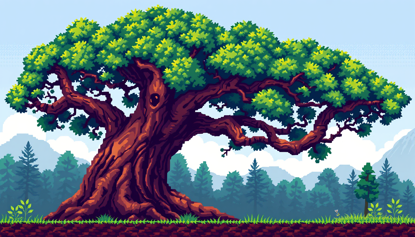 Sprites idea: pixel art game sprite, clean pixel grid, retro 16-bit palette, an ancient tree with a massive canopy and a thick trunk , game-ready sprite sheet