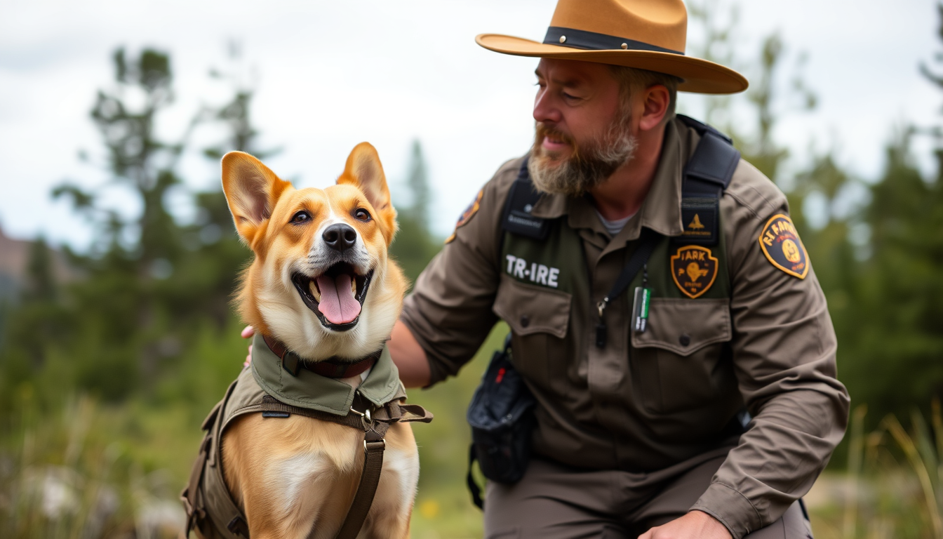 Main art studio: A dog in a park ranger uniform, along with a human hking