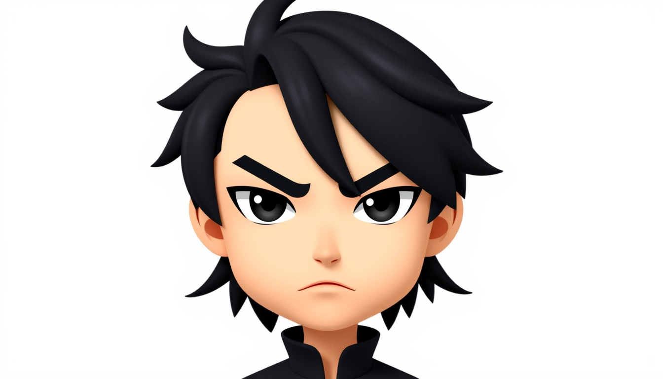 Main art studio: Oliver Aiku from Blue Lock as a Nintendo Switch Mii. Black messy medium hair, narrow dark eyes, thick eyebrows, long angular face, pale skin, serious