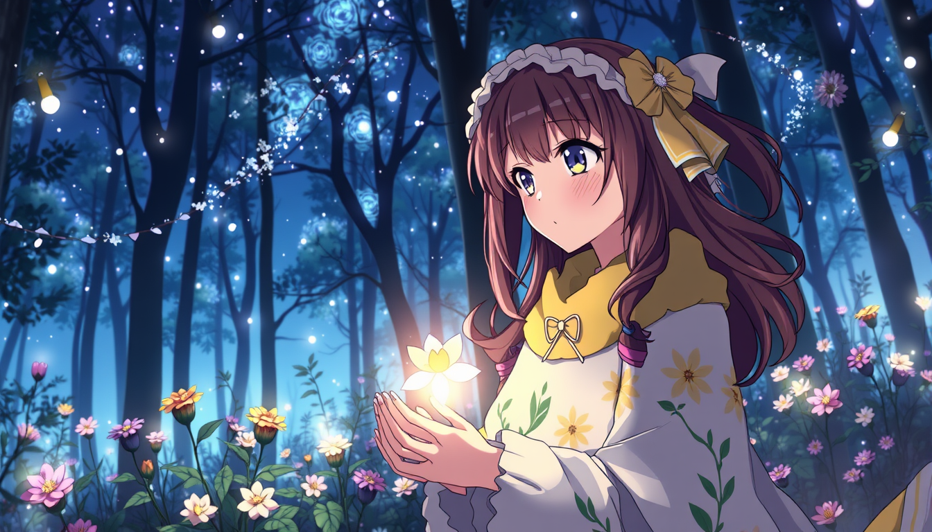 Main art studio: Blumen und magie bunt und ein mädchen mit brunen geflochtenen haaren klein einzelne zöpfe dunkle klamotten in der nacht im wald akatsuki mantel anime