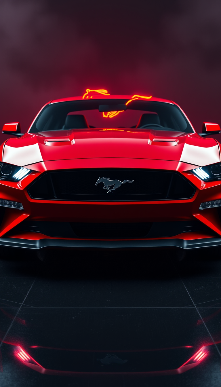 Main art studio: Ultra-realistic 8K vertical 9:16 wallpaper of a metallic red Ford Mustang, front-facing, perfectly centered and symmetrical. Aggressive muscle-car sta