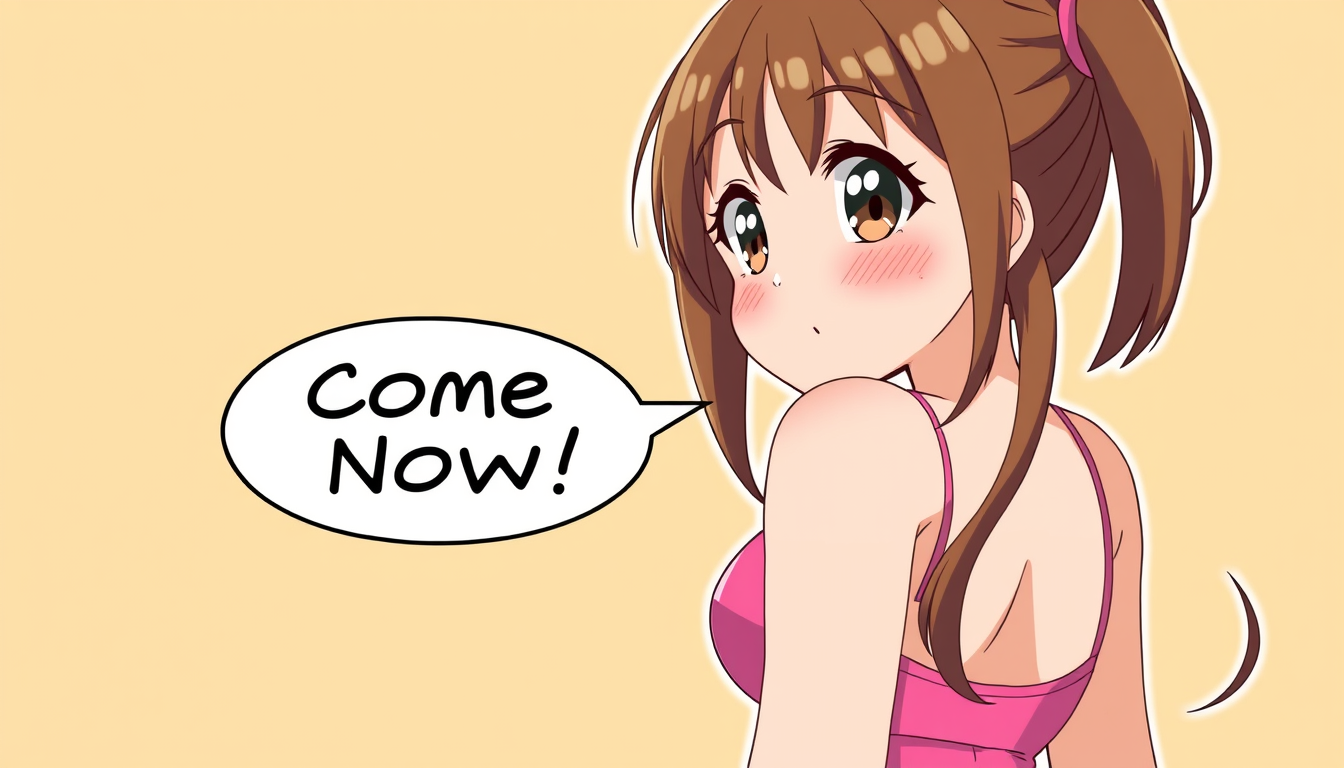 Anime idea: anime style, vibrant colors, expressive eyes, A girl with brown hair big butt in a pink 2 piece swim suit faceing the other way so you can see her but