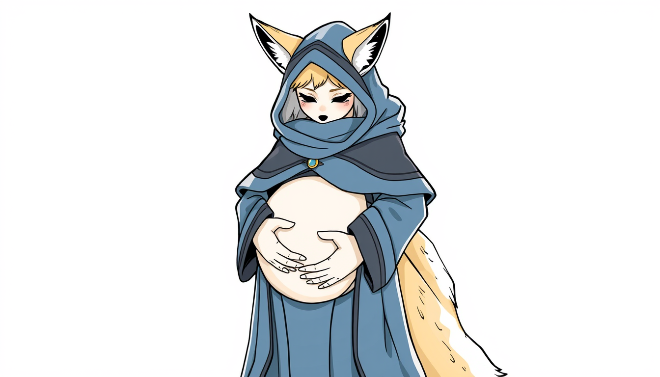 Main art studio: very gravid, heavily pregnant, shy snowy fox mage with her hands on her belly, wearing an ice mage's attire excluding a hat, clean lineart, diagonal-f