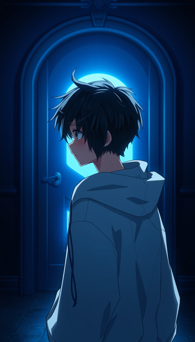 Main art studio: A beautiful anime boy with black hair and a white hoodie, standing in a dark room at midnight, facing a mysterious glowing blue door, cinematic lighti