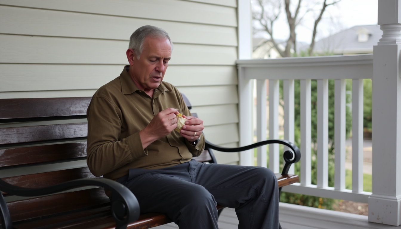 Main art studio: A man sitting on a bench placed on a porch, eating with his hands. Camera is placed behind the subject and slightly above.
