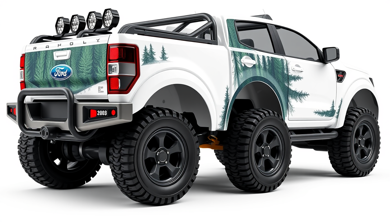 Main art studio: Create an ultra-detailed 3D render (face side) of a children's toy Ford pickup truck. White glossy plastic body with rounded edges, oversized wheels.F