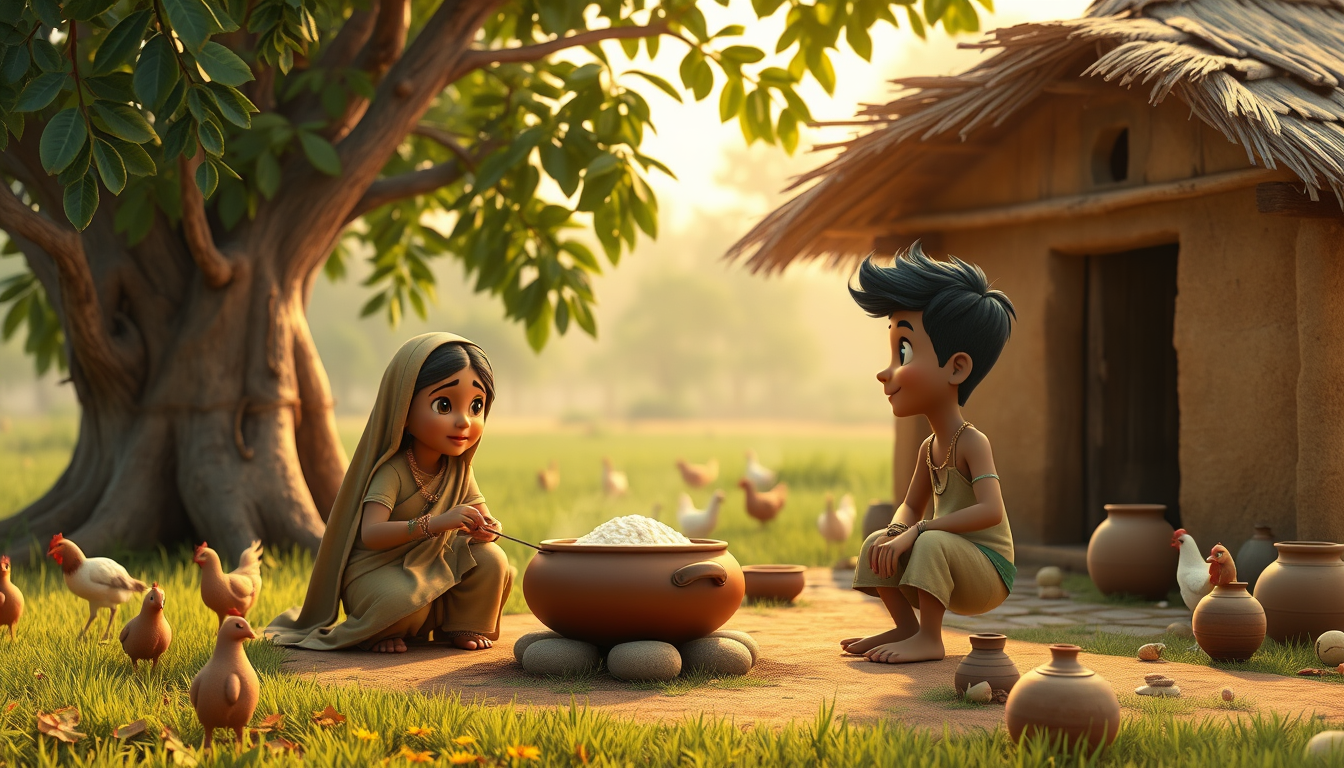 AI Art prompt example created from the prompt: High-quality 3D animated rural Indian village scene, emotional mother and son, mother cooking the last roti on a clay chulha, son sitting be
