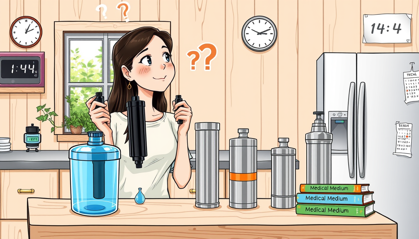 Main art studio: Friendly, high-quality comic illustration of a natural wood kitchen. Woman holds two black gravity-filter cartridges, looking thoughtfully upward with