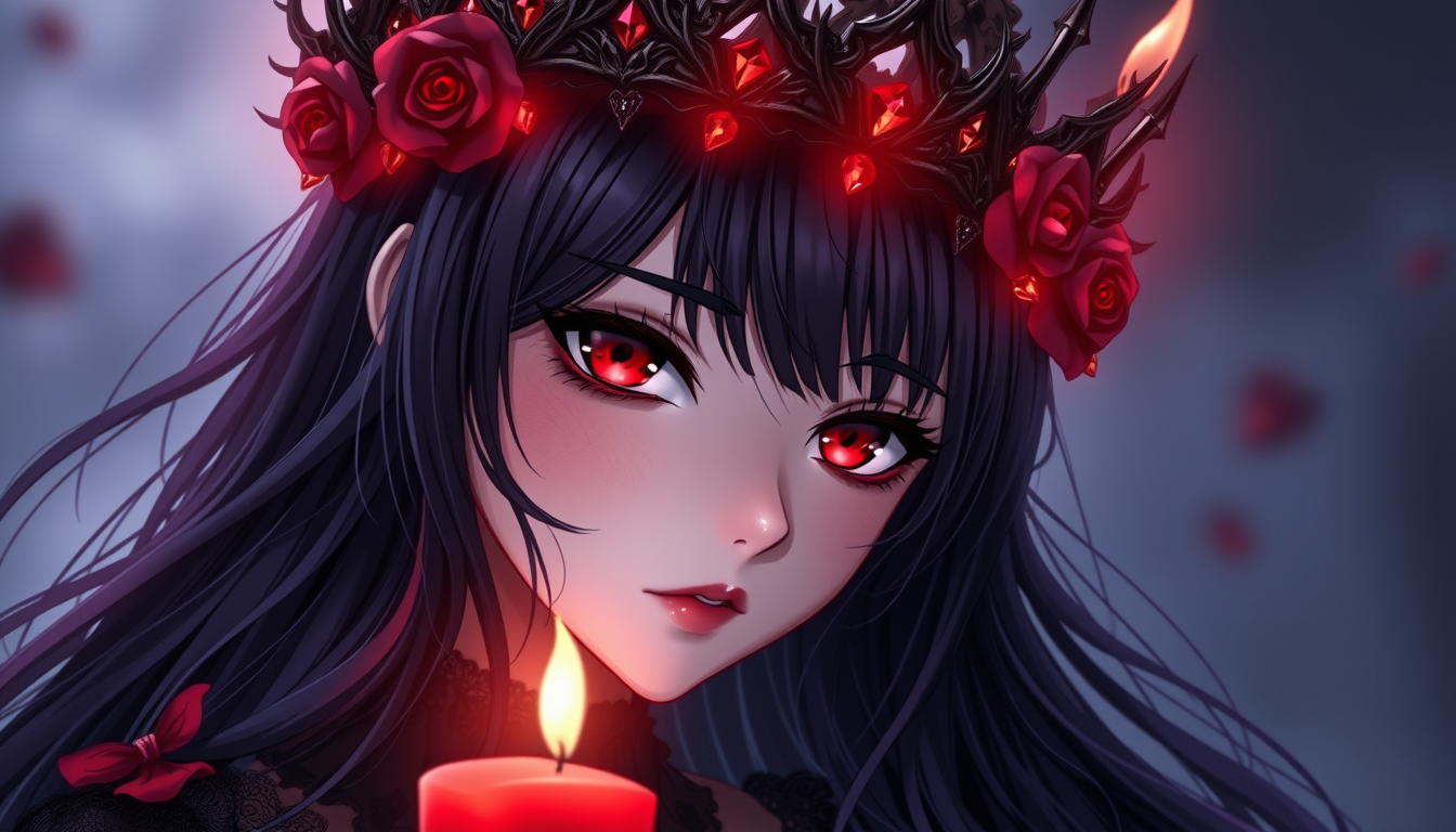 Main art studio: Preserve the character's original face and body proportions. Create a highly detailed gothic anime portrait with flowing black hair and subtle purple 