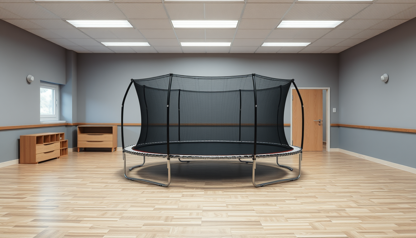 Main art studio: mache ein bild wo ein grosses trampolin in einem klassenzimmer ist ohne netz