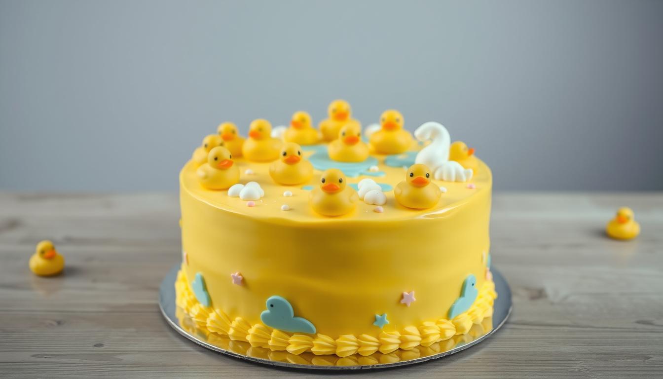 Main art studio: Ultra-realistic yellow duck-themed cake, covered in smooth bright yellow frosting and decorated with adorable edible yellow rubber ducks made from fon