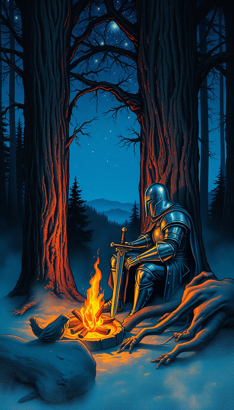 Main art studio: A medieval knight in worn silver armor sits beside a small campfire deep inside a dark forest. His sword rests against an ancient tree while orange fi