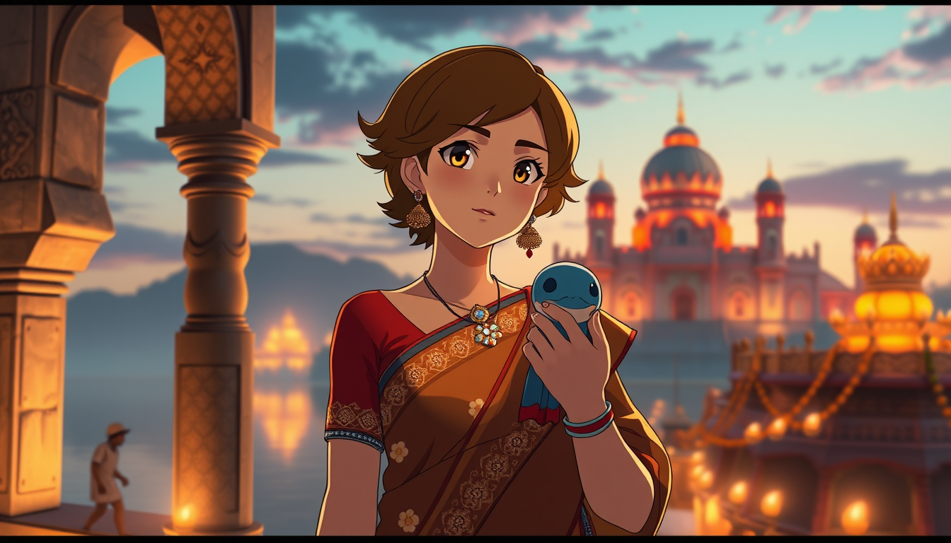 Main art studio: Style Secret: Blend Pokémon XY character art with Makoto Shinkai lighting, calm poses, and 3-layer depth (foreground stone arches, Serena in midground