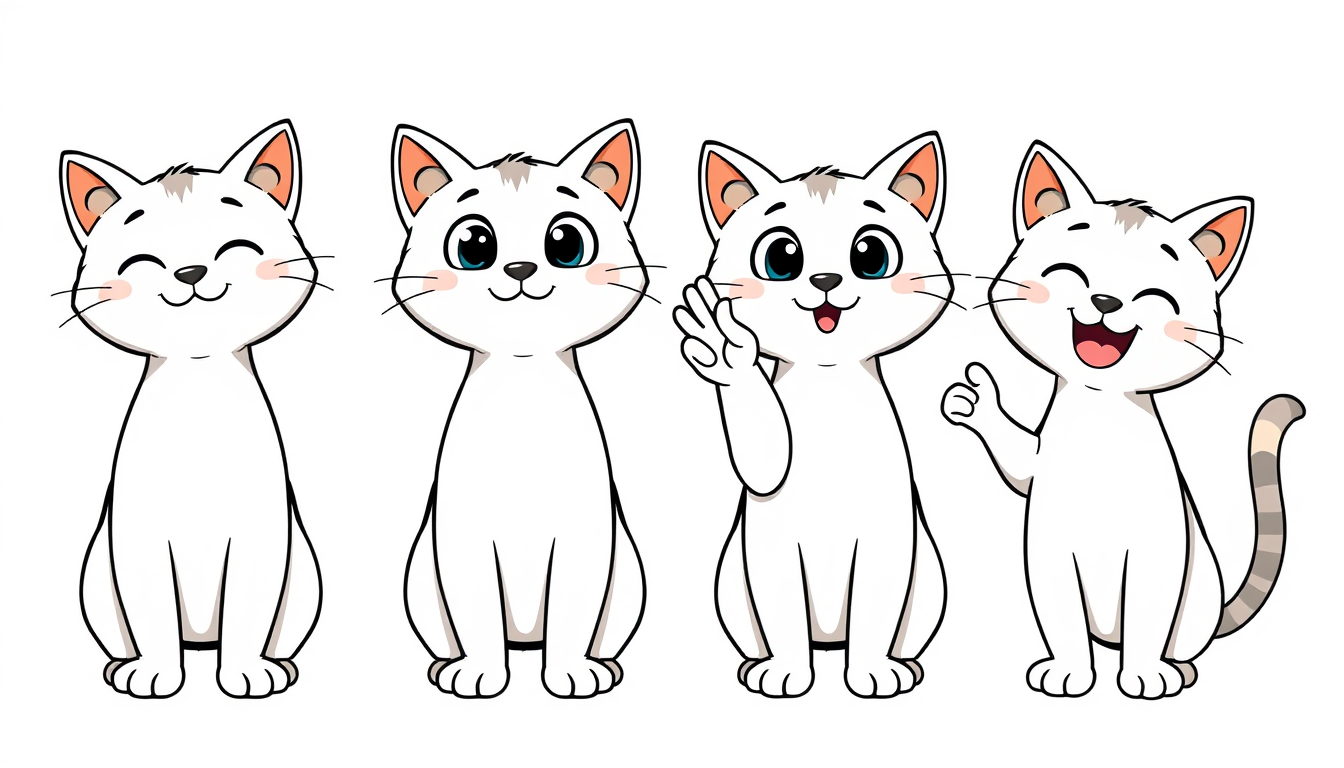 Main art studio: Create a set of 4 identical cute hand-drawn cartoon cats, same character design, same proportions, same colors and same art style. Full body, clean bo