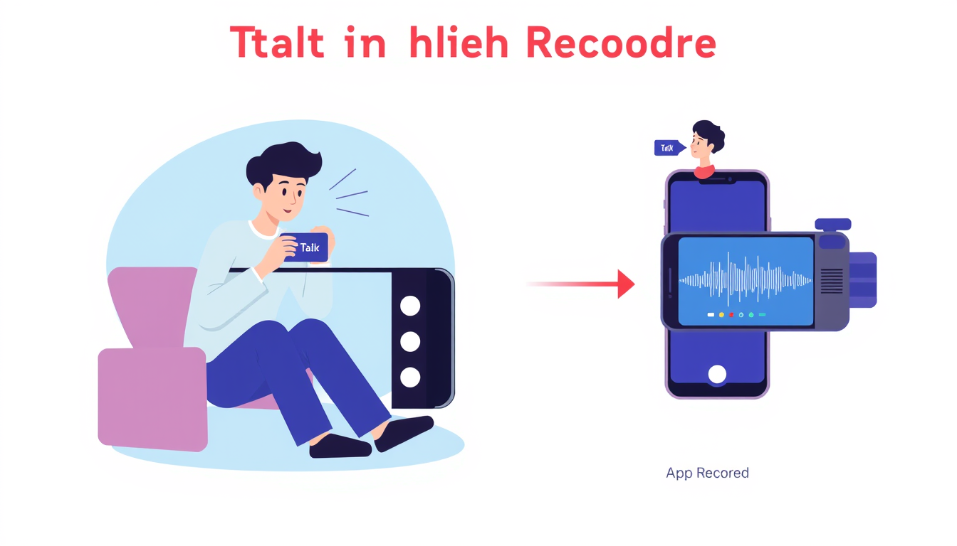 Main art studio: Create a clean 2D app feature illustration for “Talk in Dhua Recorder.” Show Person 1 sitting and recording with a smartphone/camera. Person 1 taps th