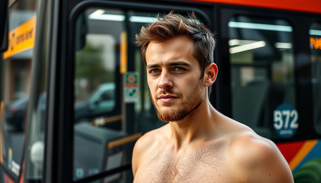 Main art studio: Erstelle ein Bild von einem nackten Mann vor einem Bus