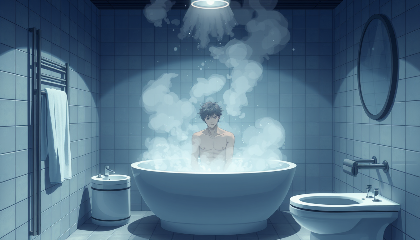 Main art studio: create a bathroom with a lot of steam, and someone inside the shawer, it needs to be a man. it need to be anime style and the man should not be visibl
