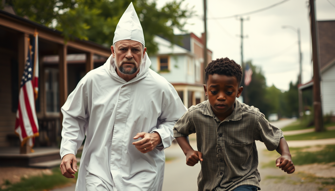Realistic Images idea: photorealistic generated image, natural materials and skin texture, physically plausible lighting, make an image of a white man in a town with a ku kl